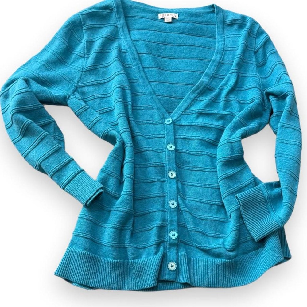 Merona Teal Blue Textured Knit V Neck Cardigan Sweater, Women's Size